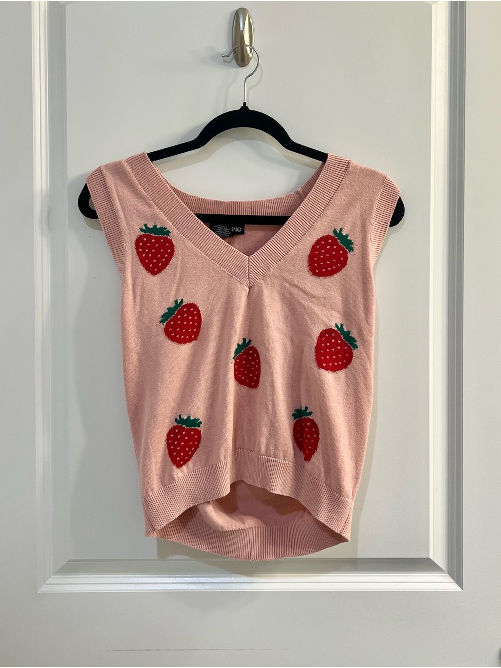 Striped Strawberry Knit V-Neck Sweater Vest - Pink